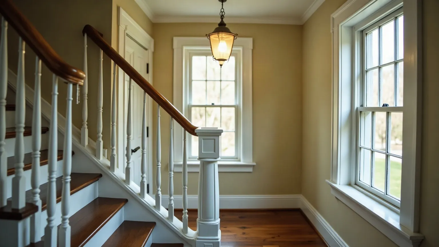 Narrow staircase with white spindles and dark wood treads in an older home