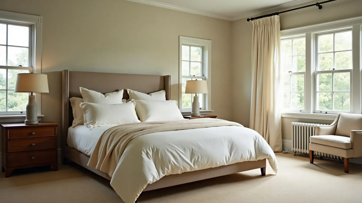 Spacious bedroom with a wide king bed made with two separate duvets