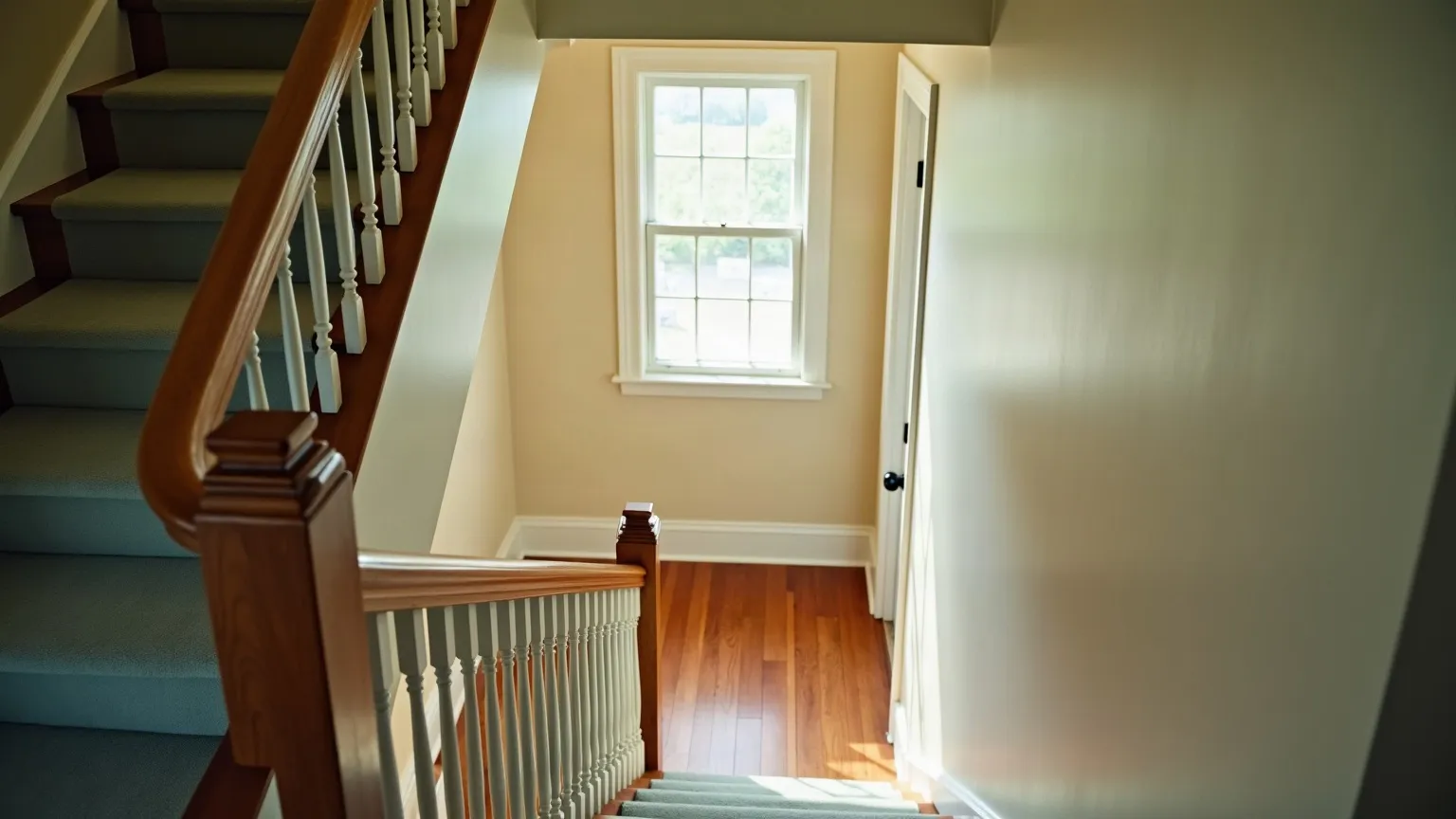 Staircase photographed from the top landing looking down to a sunlit hallway