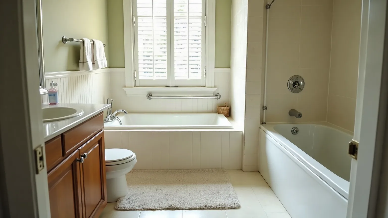 Small bright bathroom with a non-slip mat, grab bar by the tub and clear surfaces