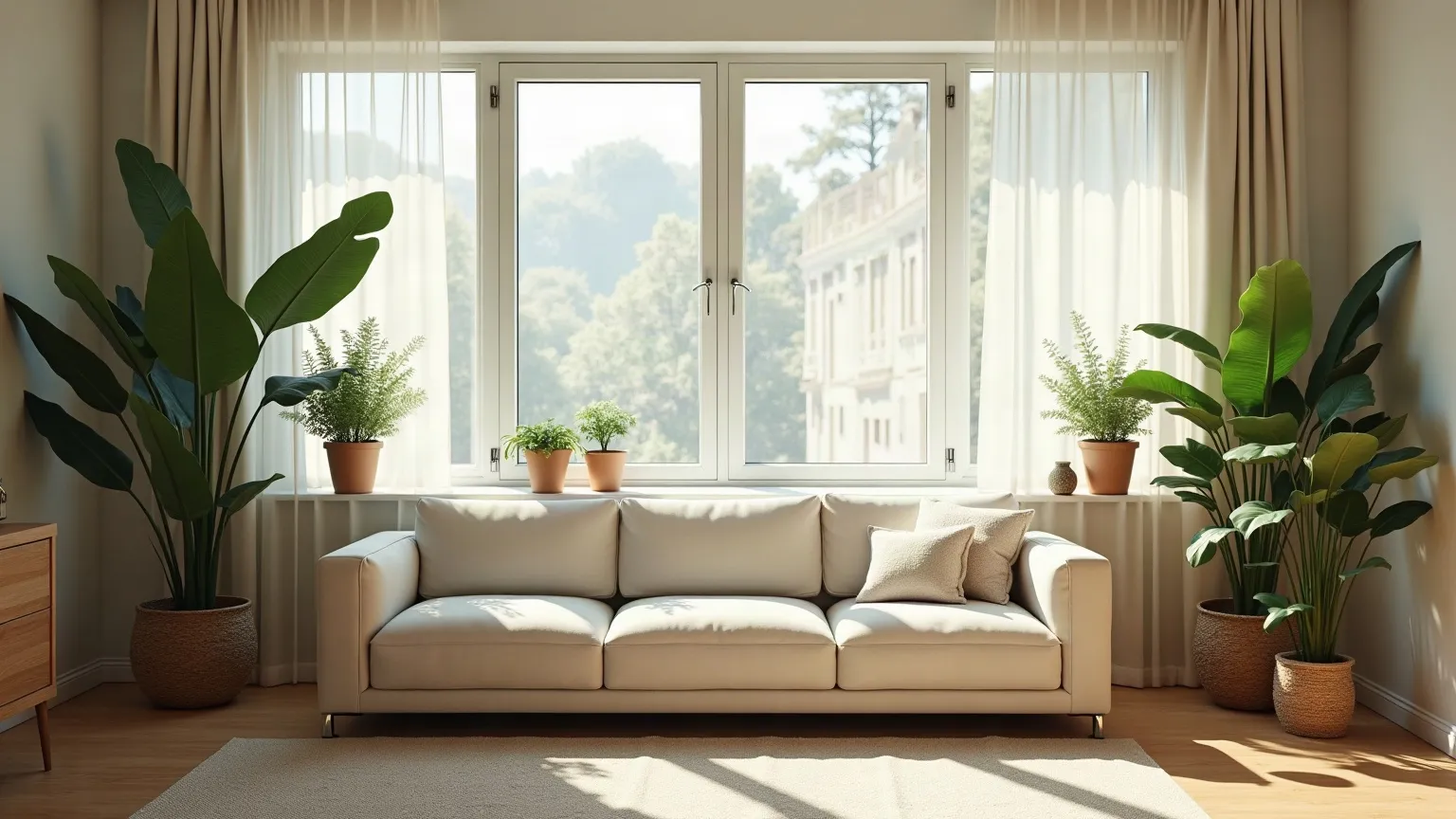 Bright living room with a pale sofa, houseplants and open blinds