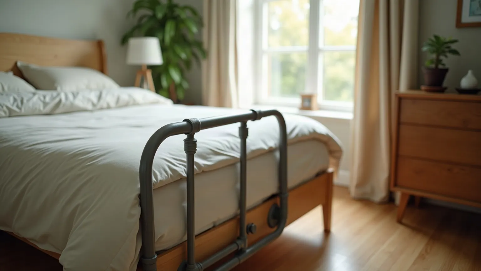 Single bed with a short assist handle fixed at the edge of the mattress