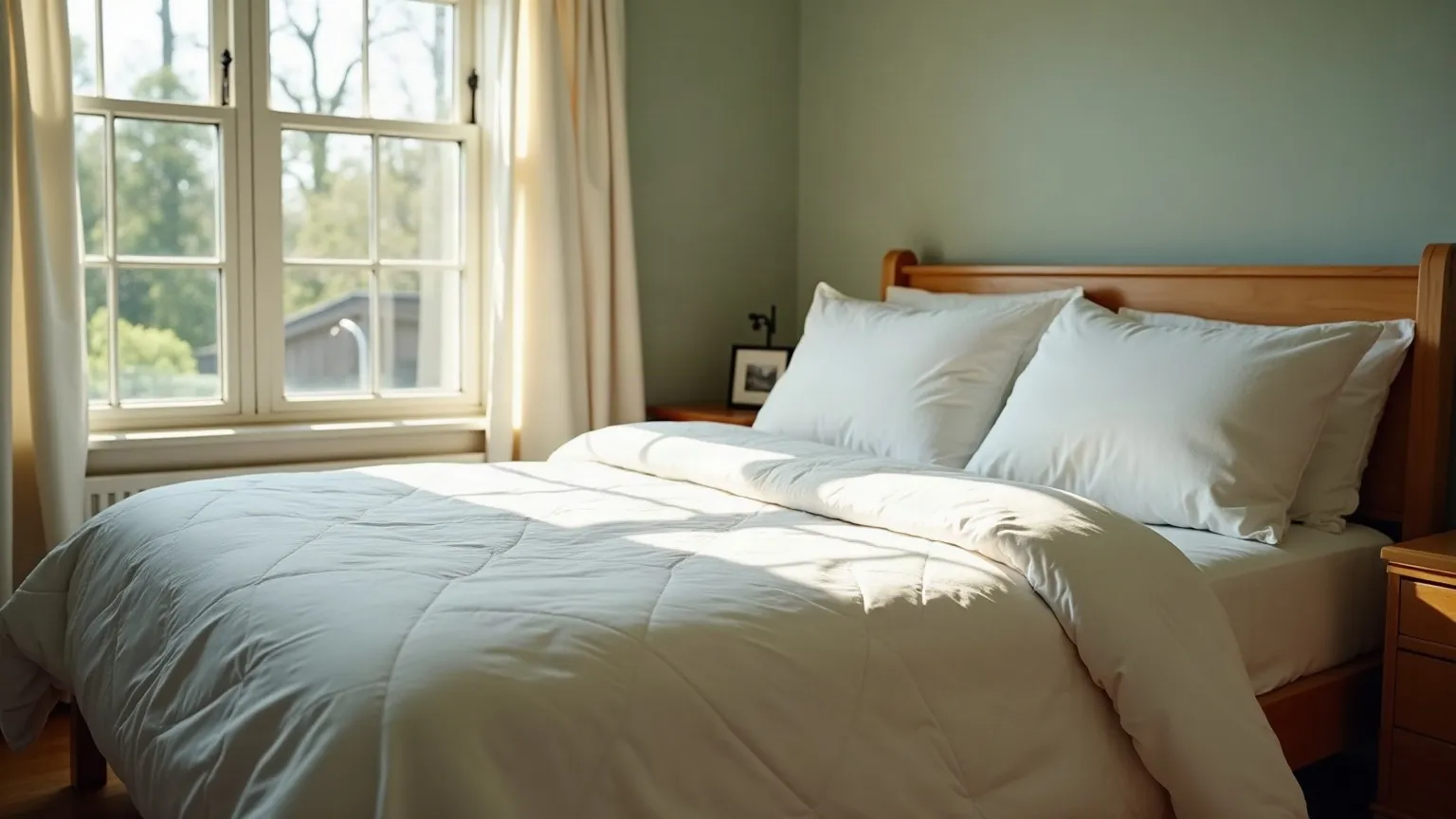 Bedroom with a neatly made bed raised slightly at the head end
