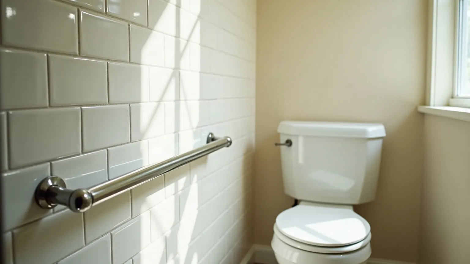 Stainless grab bar mounted on white tile beside a toilet