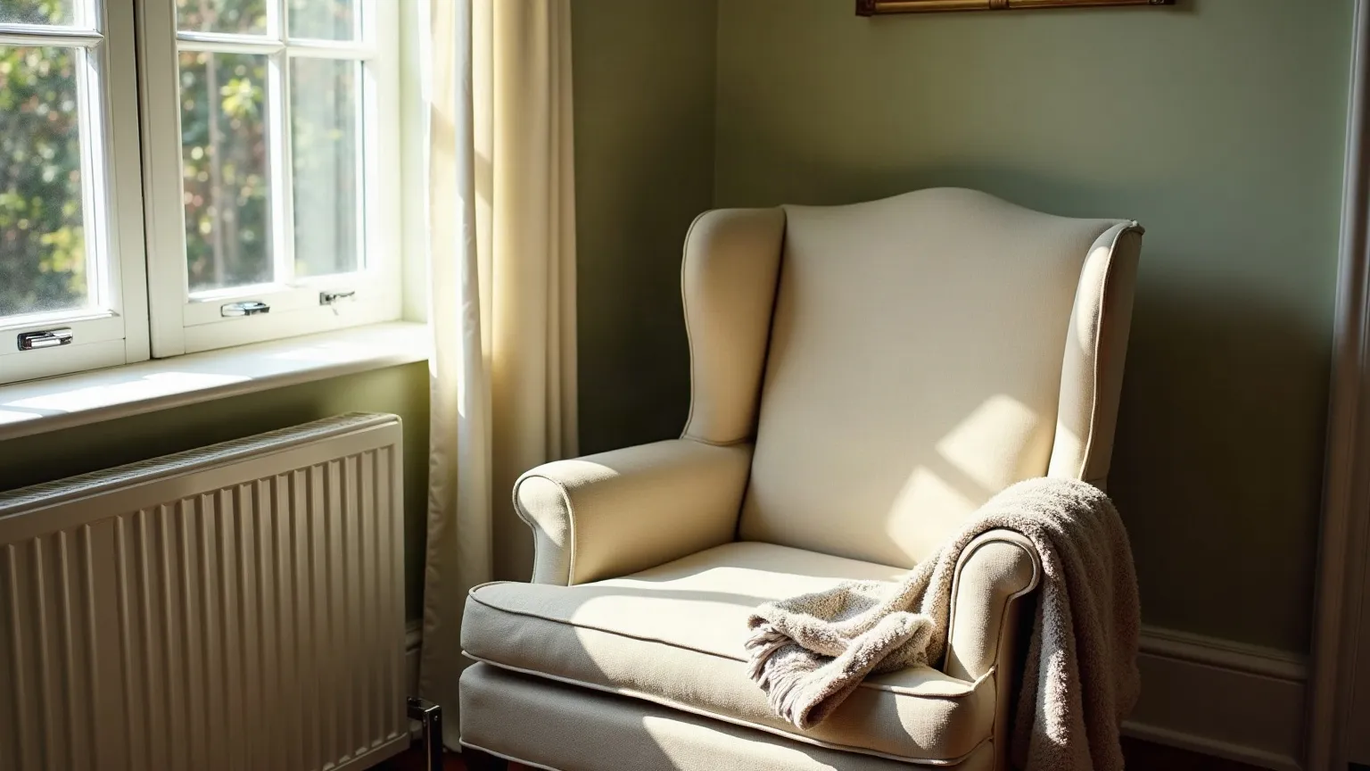 High-backed upholstered armchair beside a sunlit window with a folded blanket