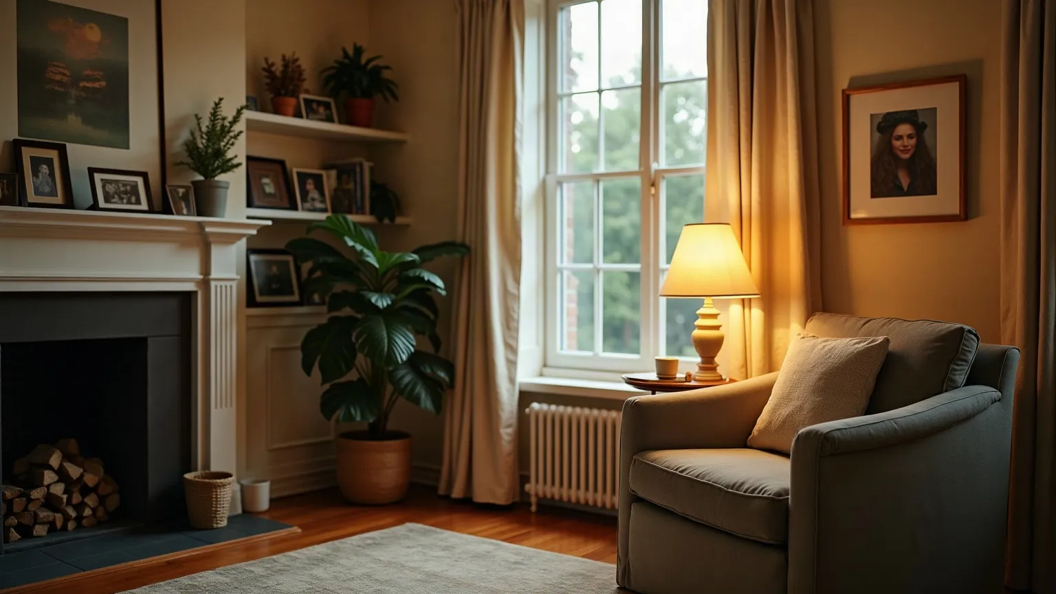 Comfortable living room at dusk with a warm lamp beside an armchair