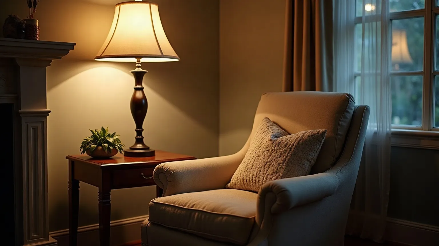 Reclining armchair with a blanket and cushion under a warm lamp in the evening