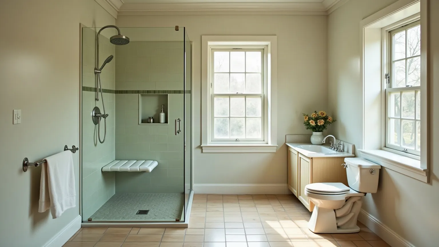 Tiled walk-in shower with a white fold-down bench and handheld sprayer