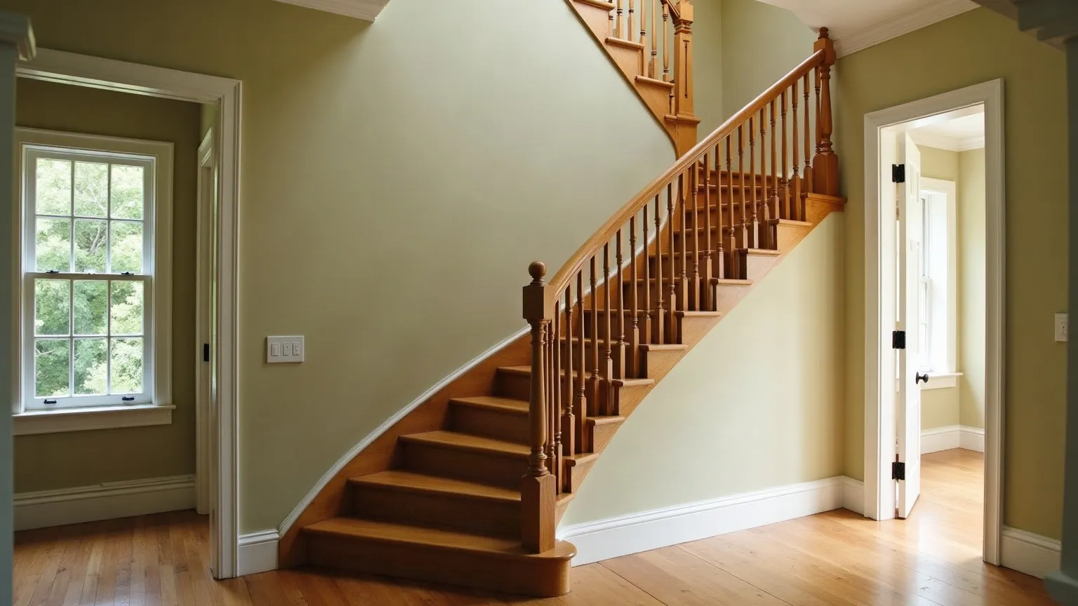 Curved staircase with a wooden banister sweeping up to a landing