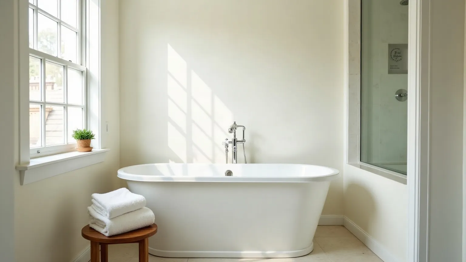 Serene white bathroom with a tall deep soaking tub and folded towels