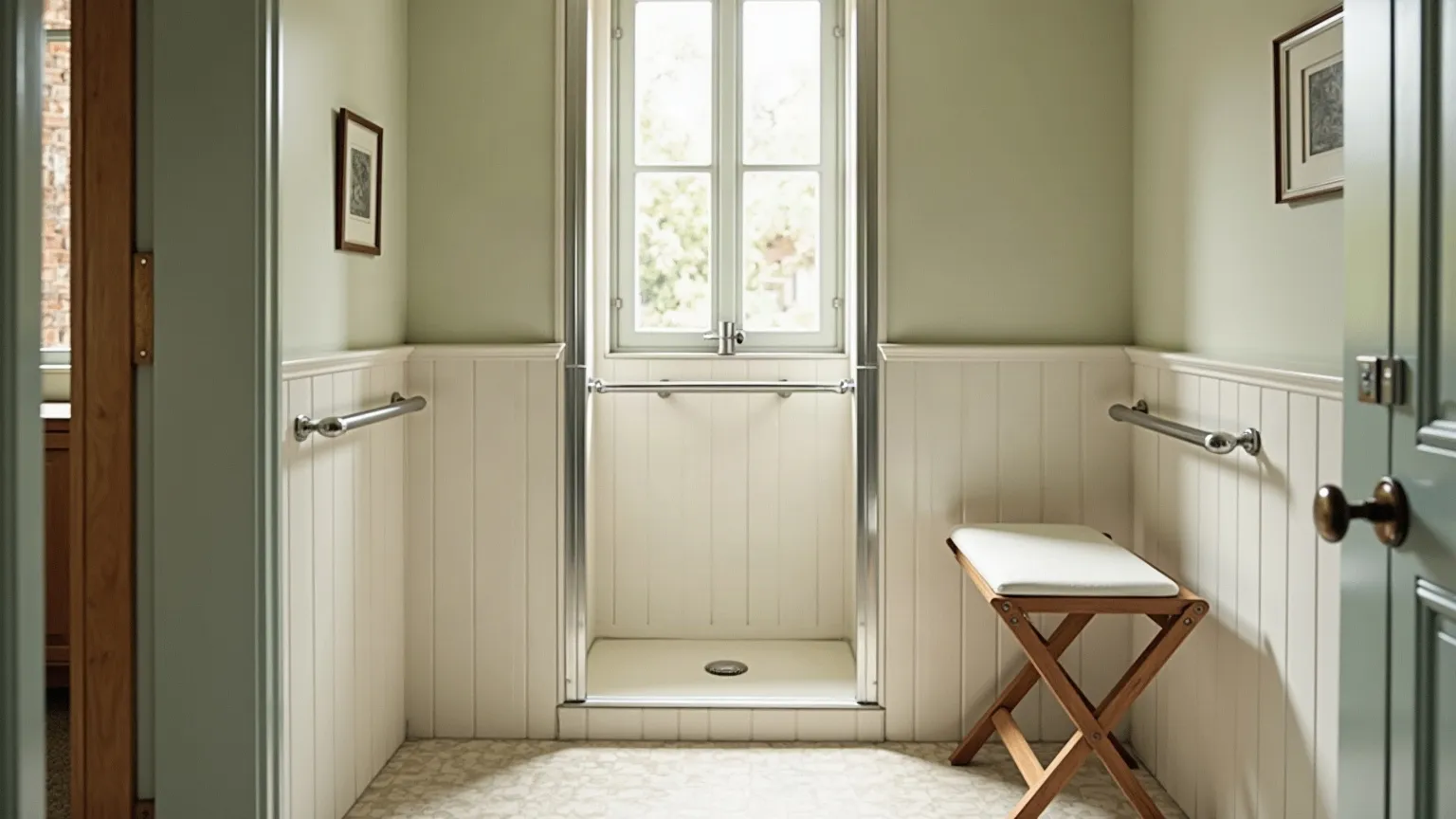 Compact bathroom with a walk-in shower, folding bench and stainless grab bars