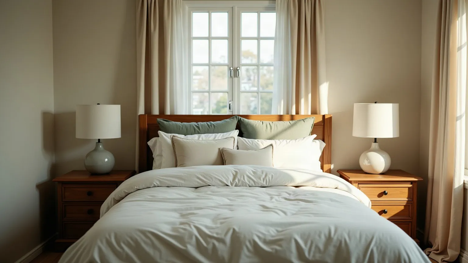 Calm bedroom with a neatly made bed and morning light through linen curtains