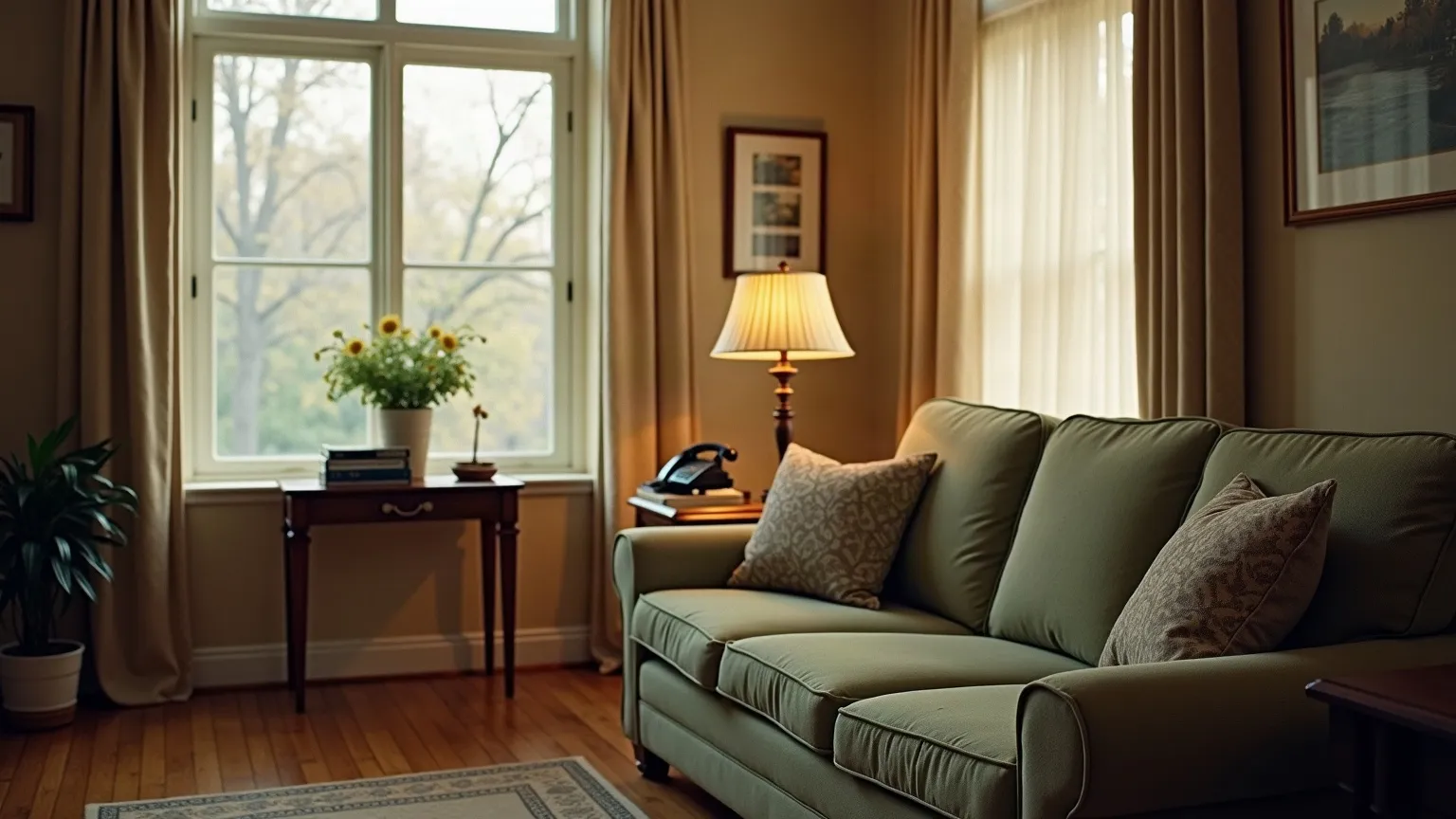 Quiet living room in the evening with a lamp and telephone on a side table