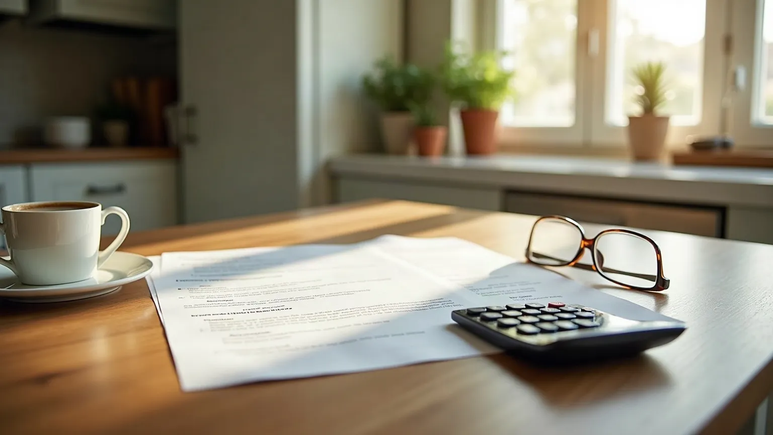 Kitchen table with paperwork, a calculator, reading glasses and coffee