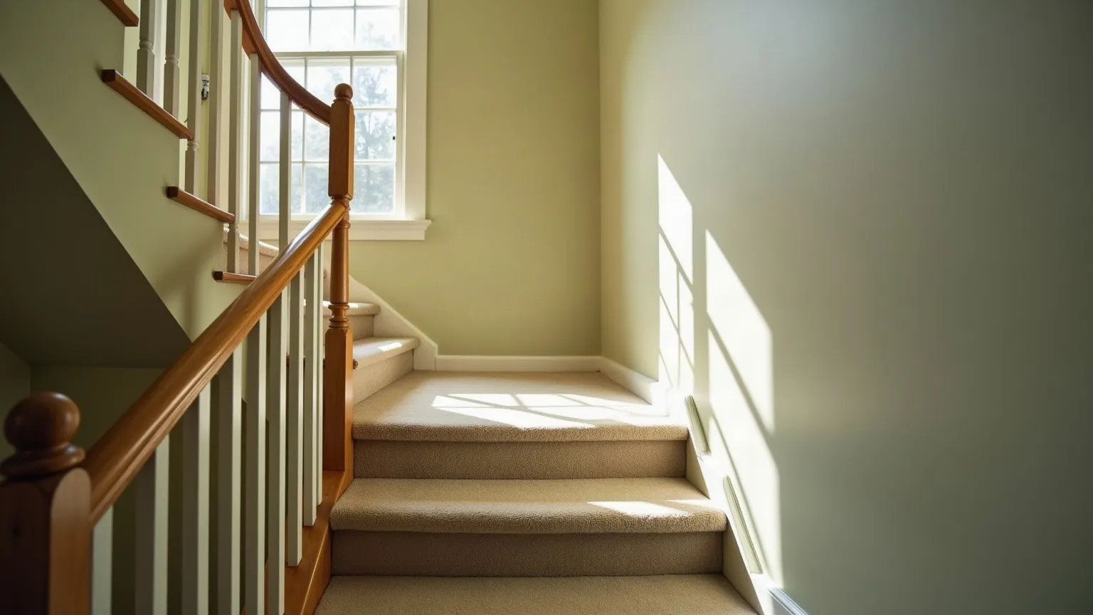 Carpeted straight staircase with a wooden handrail lit by a landing window