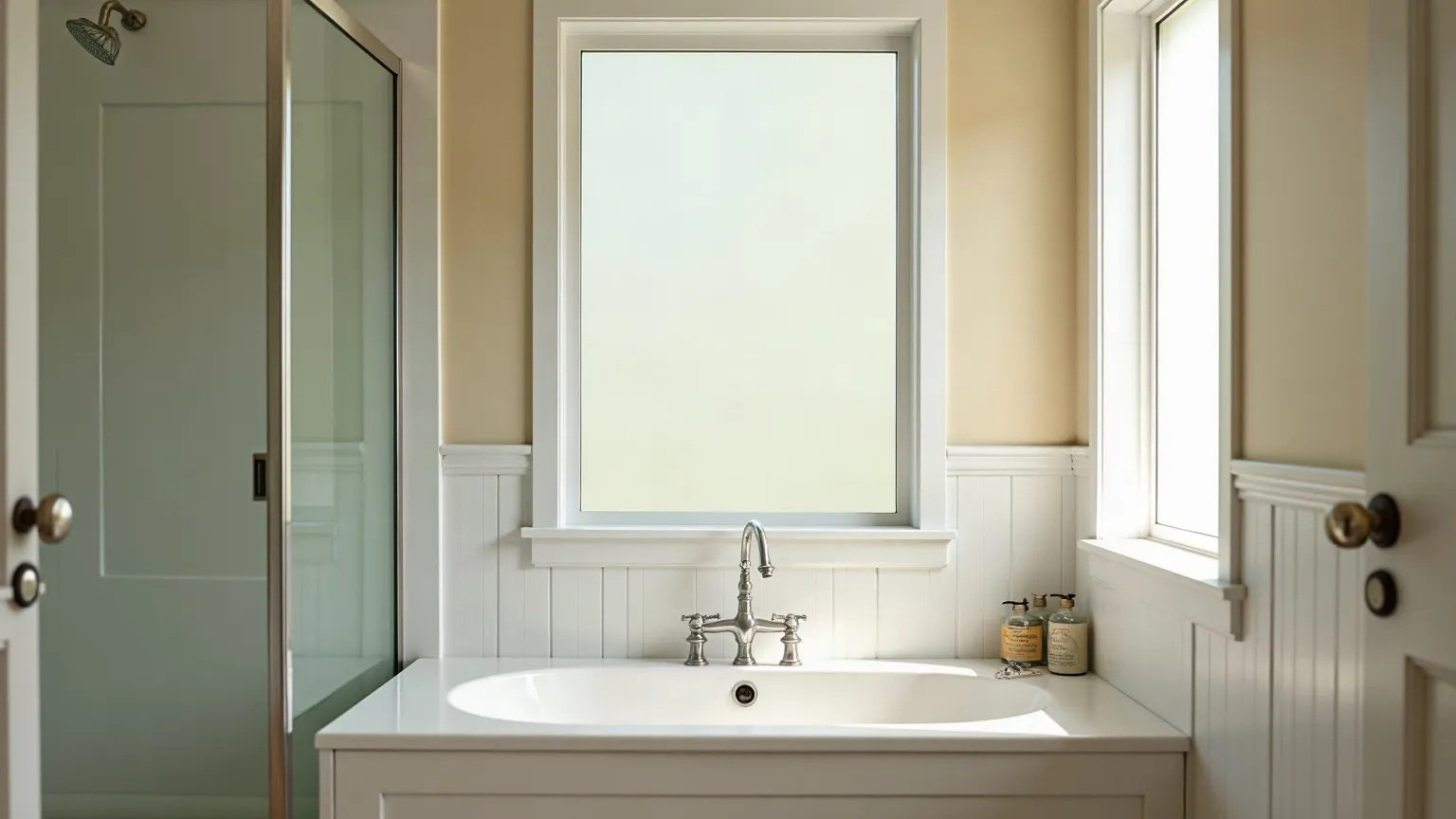 Clean white bathroom with a deep bathtub and frosted window
