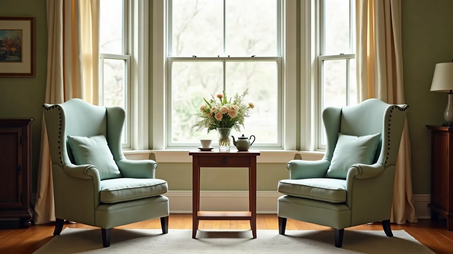 Two armchairs facing each other by a bright window with a teapot between them