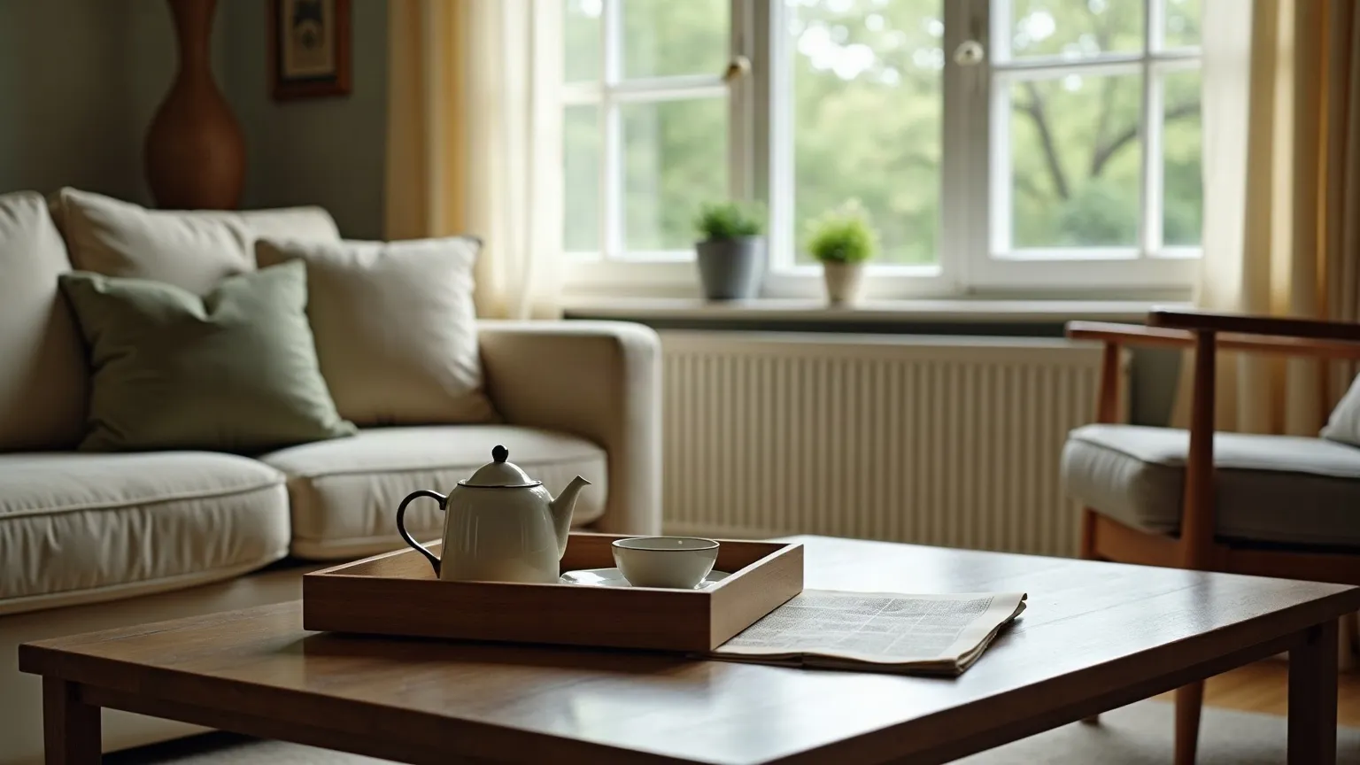 Living room with a tea tray on the coffee table and an armchair in afternoon light