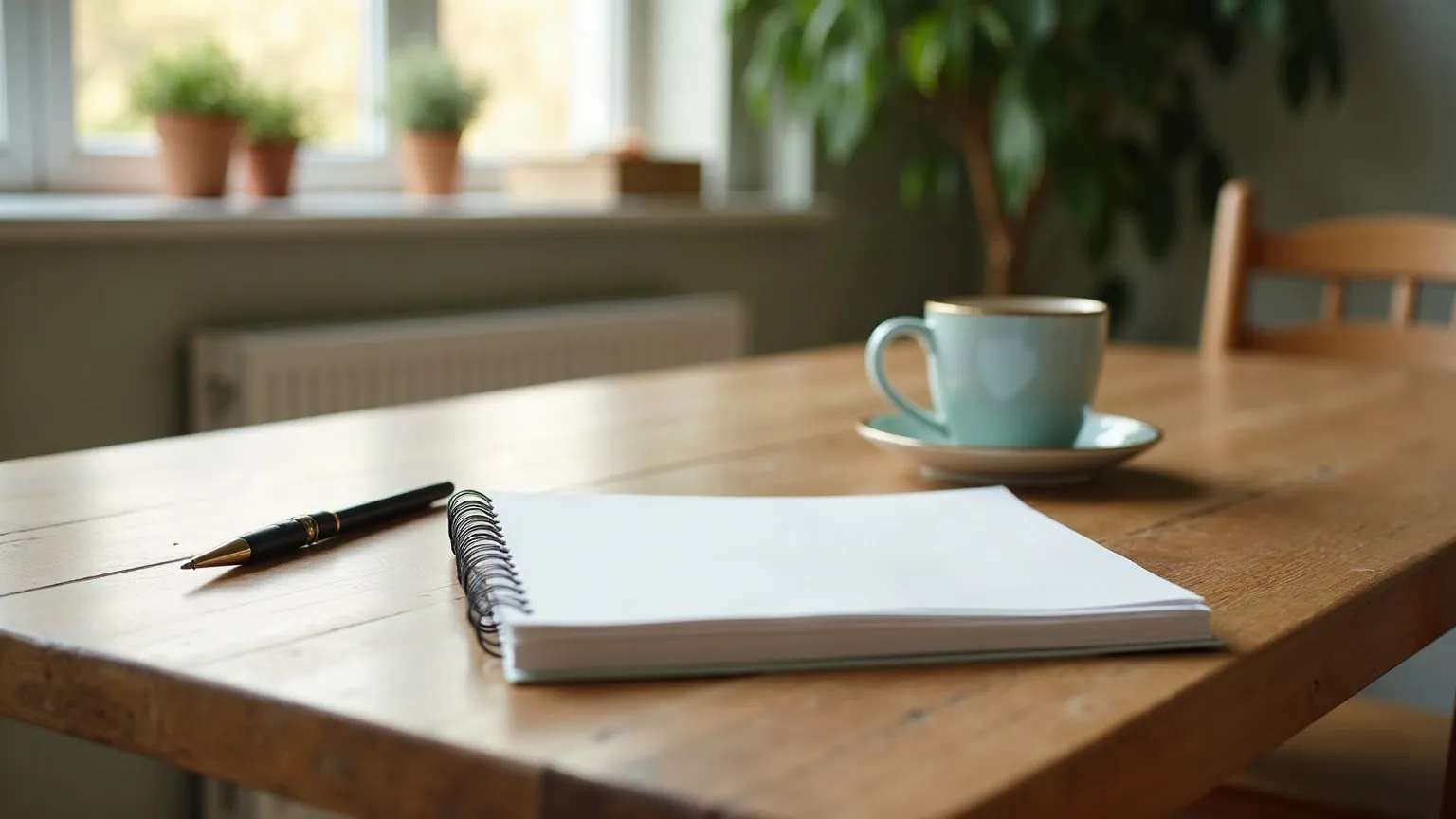 Stack of letters and a plan booklet on a kitchen table beside a cup of tea
