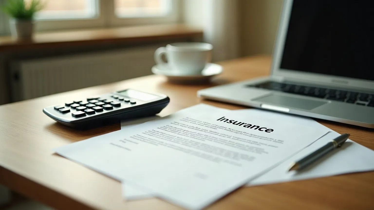 Desk with an insurance letter, calculator and laptop in morning light