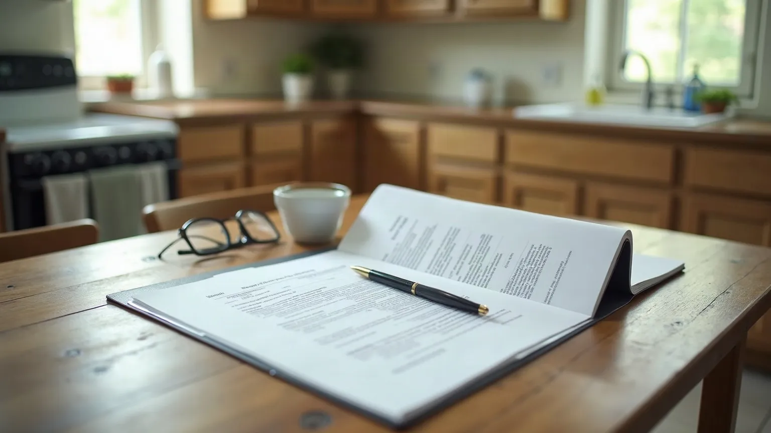Open folder of insurance paperwork with a pen and reading glasses on a kitchen table