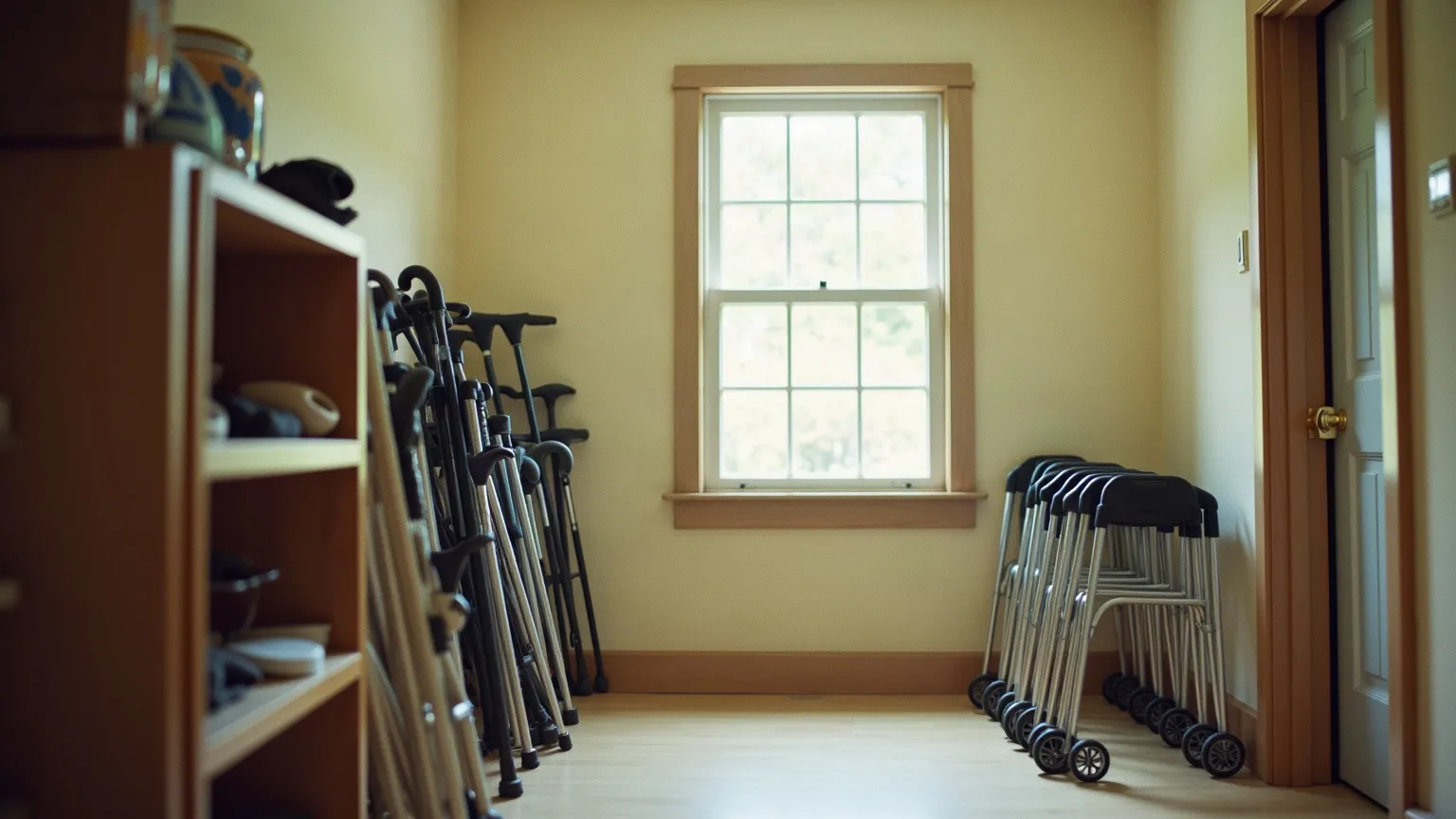 Community centre storage room with folded walkers, canes and shower stools on shelves