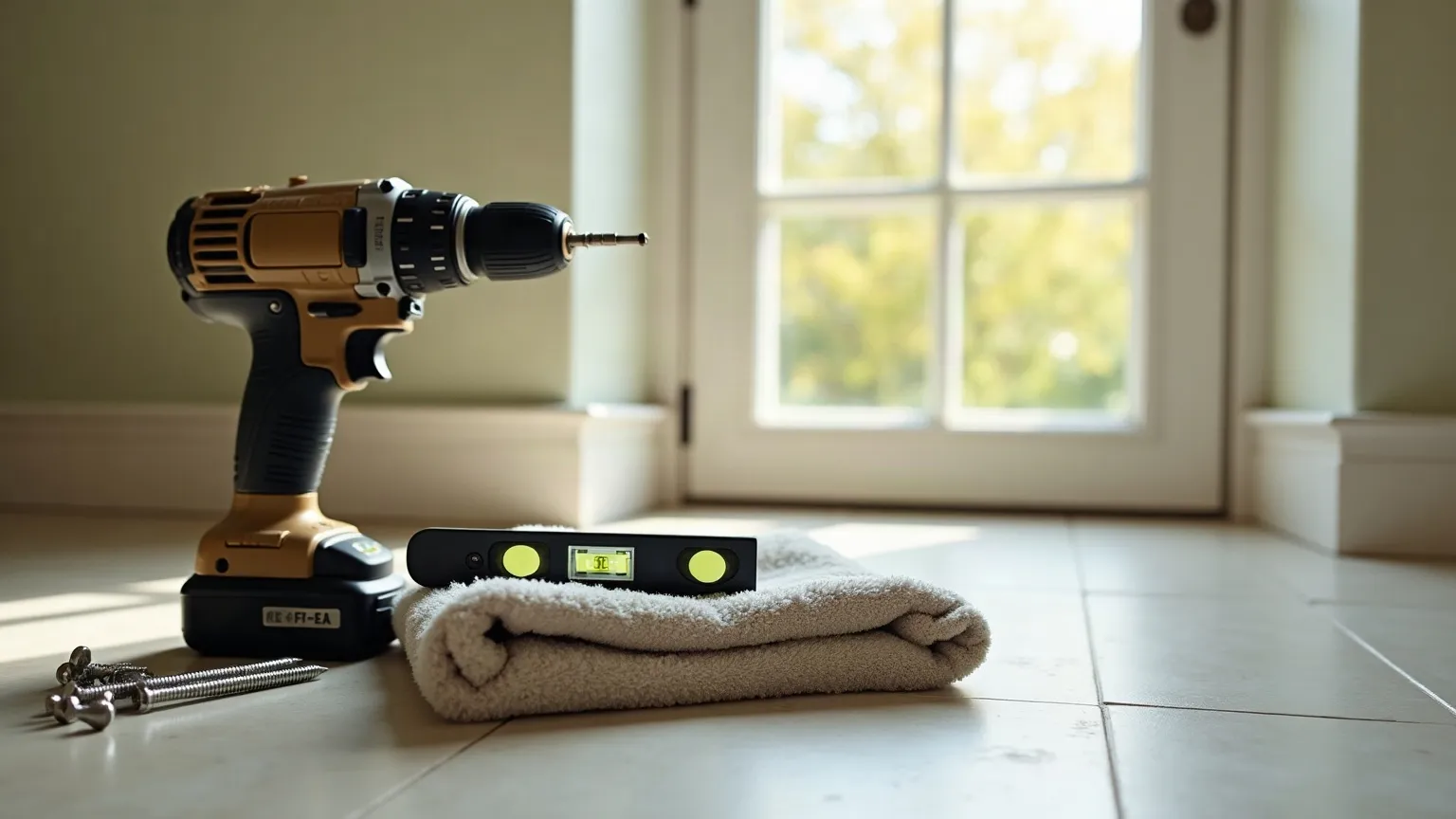 Cordless drill, spirit level, stud finder and screws laid out on a towel