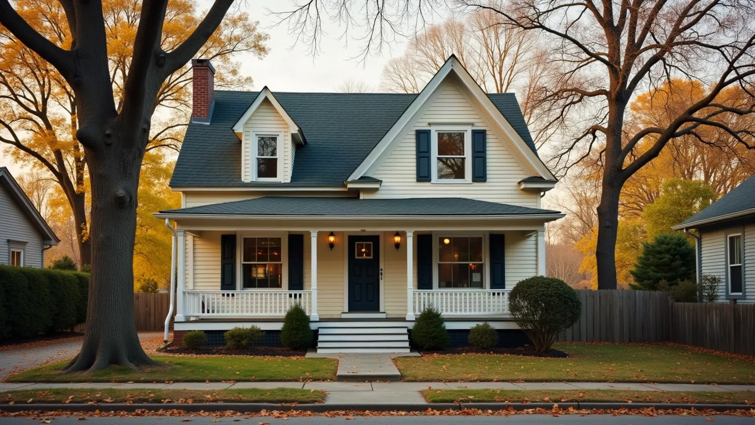Modest single-storey American house with porch steps on an autumn day