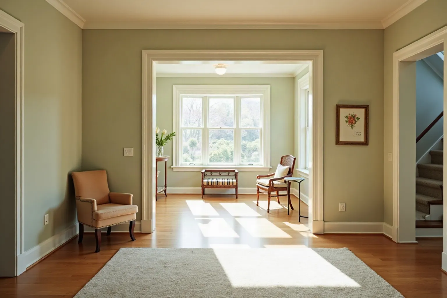 Bright, uncluttered living room and hallway in an American home with a sunlit window and wide doorway