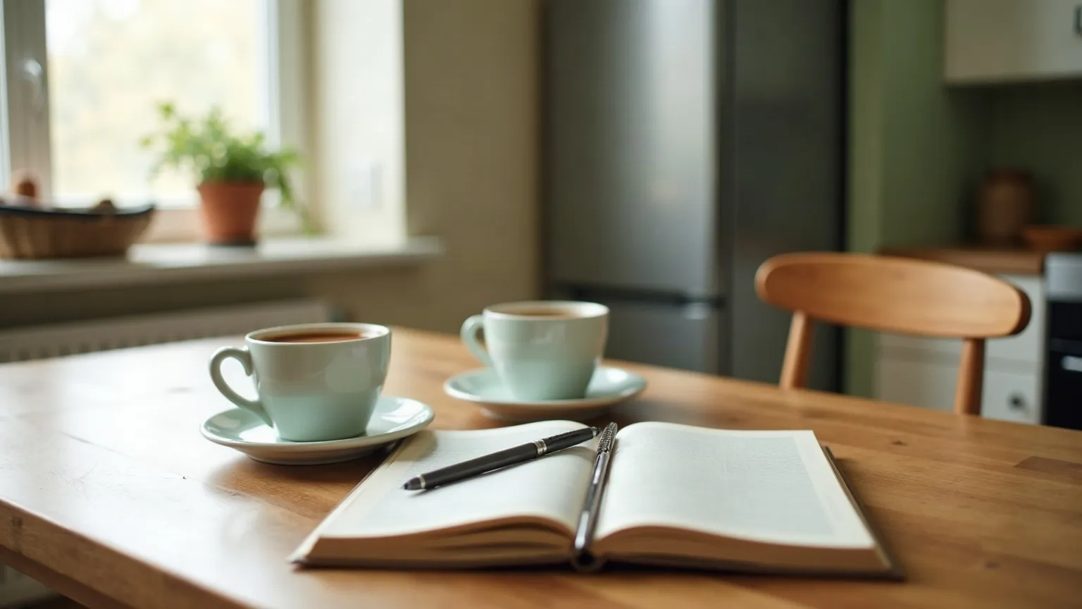 Kitchen table with two coffee cups, an open notebook and a calculator