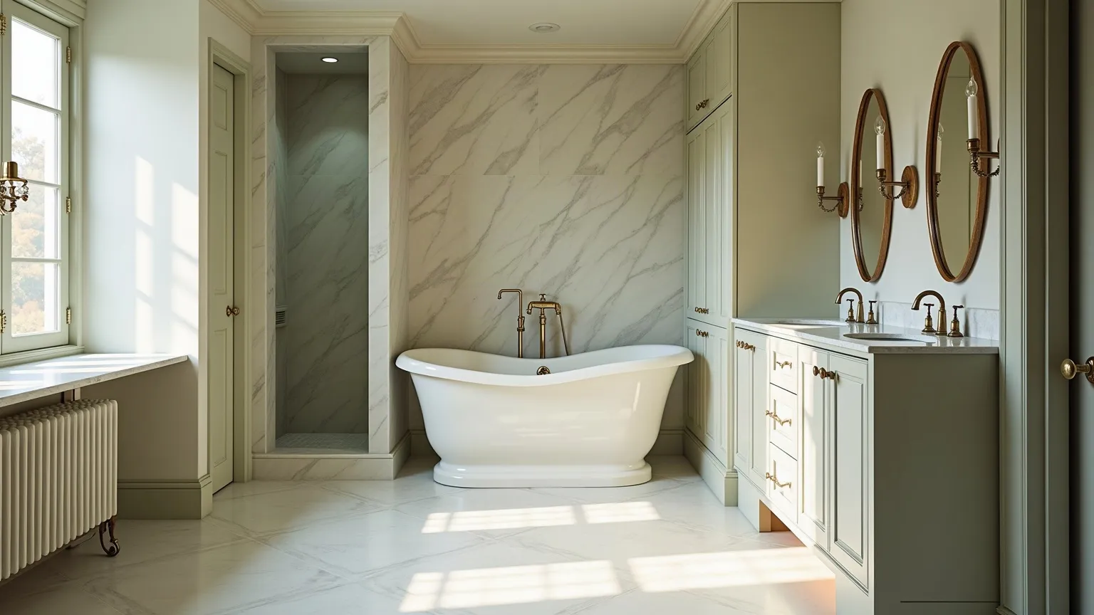Elegant bathroom with marble tile, brushed nickel fixtures and a built-in tub alcove