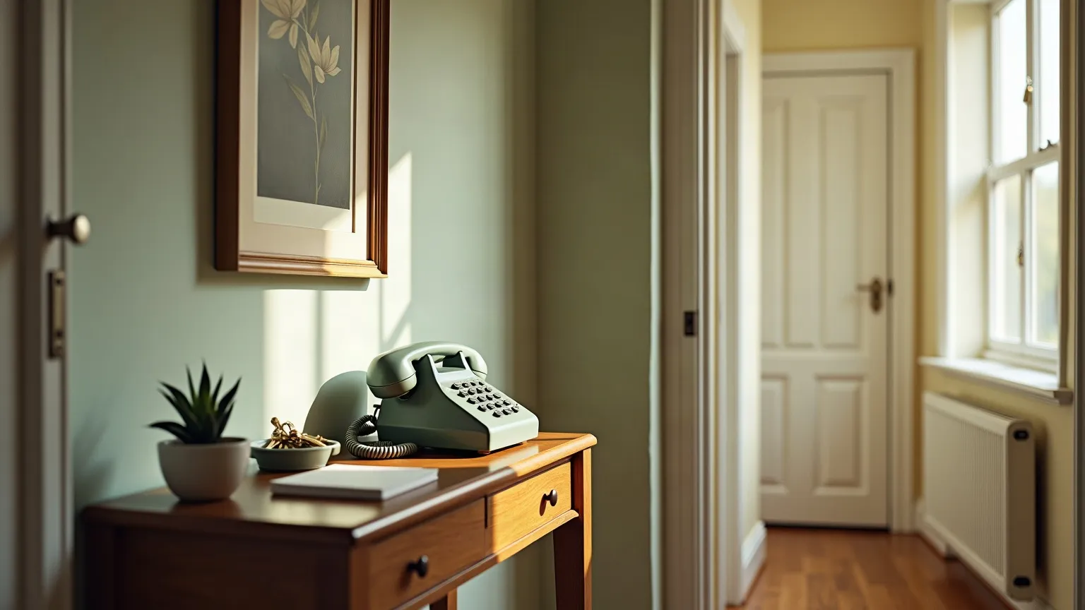 Hallway console table with a corded telephone, notepad and dish of keys
