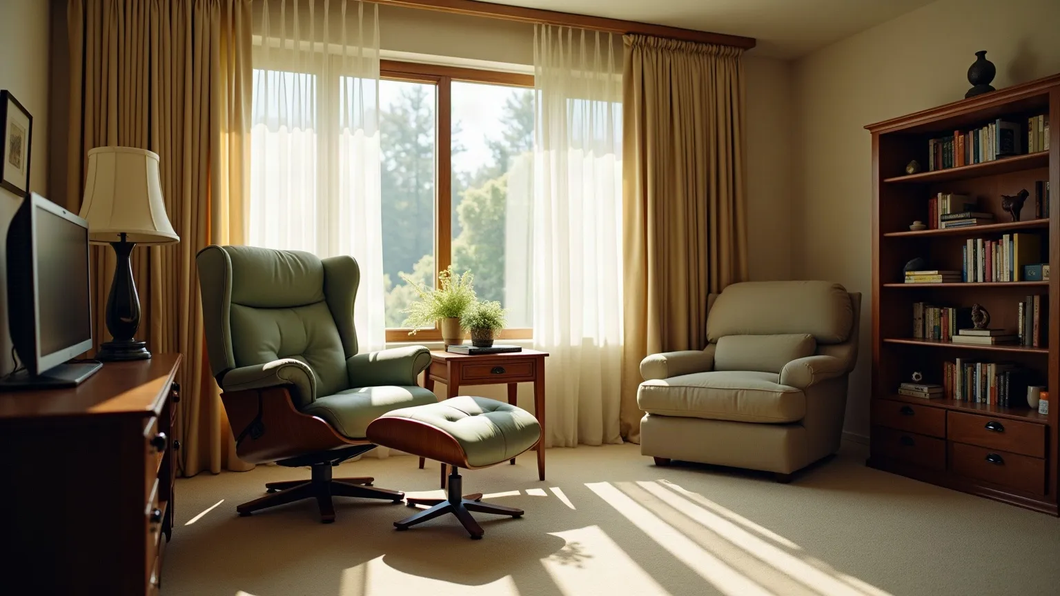 Cozy den with a large recliner, reading lamp and bookshelf