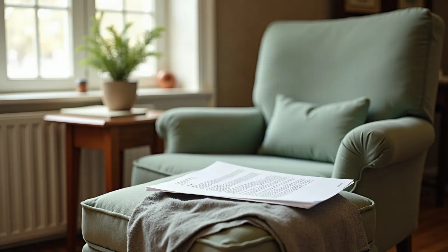 Armchair with a letter and claim form on the side table beside it