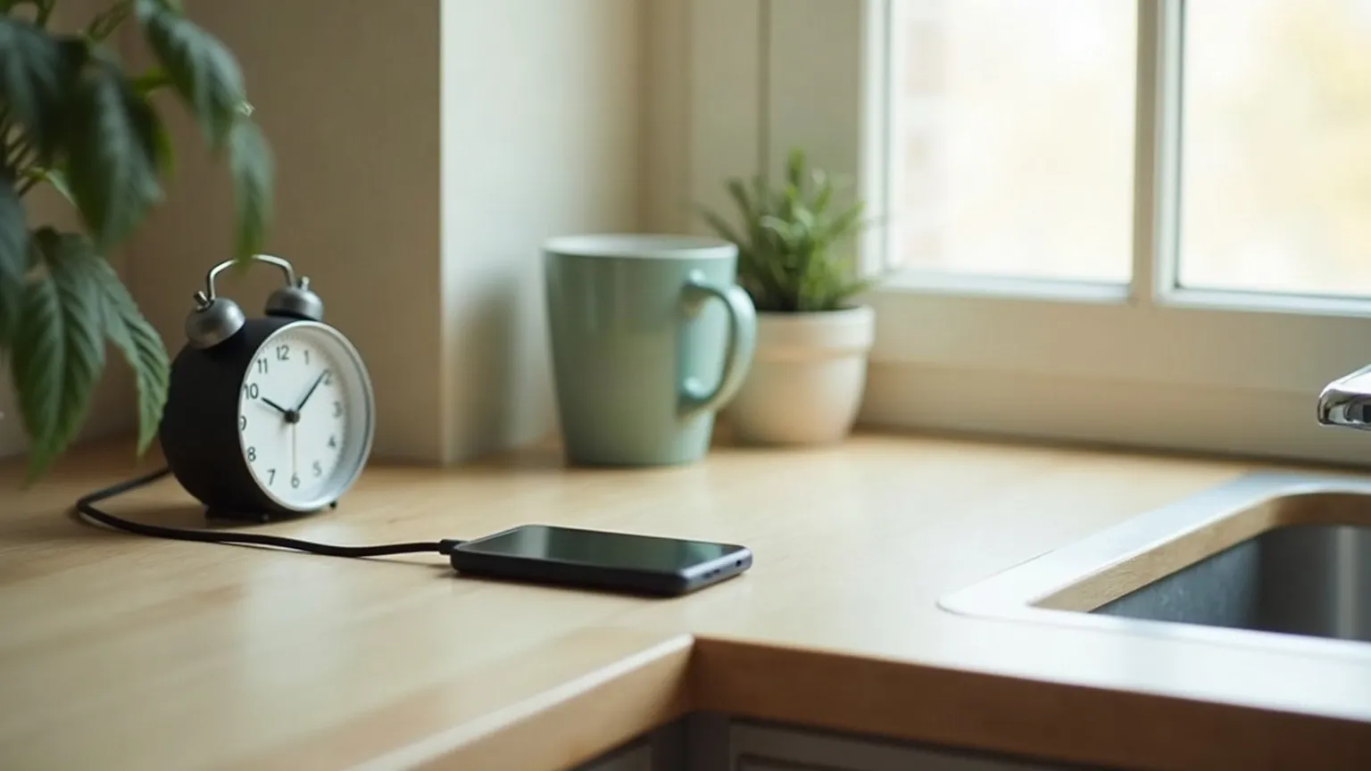 Kitchen counter corner with a charging cable, a small clock and a mug