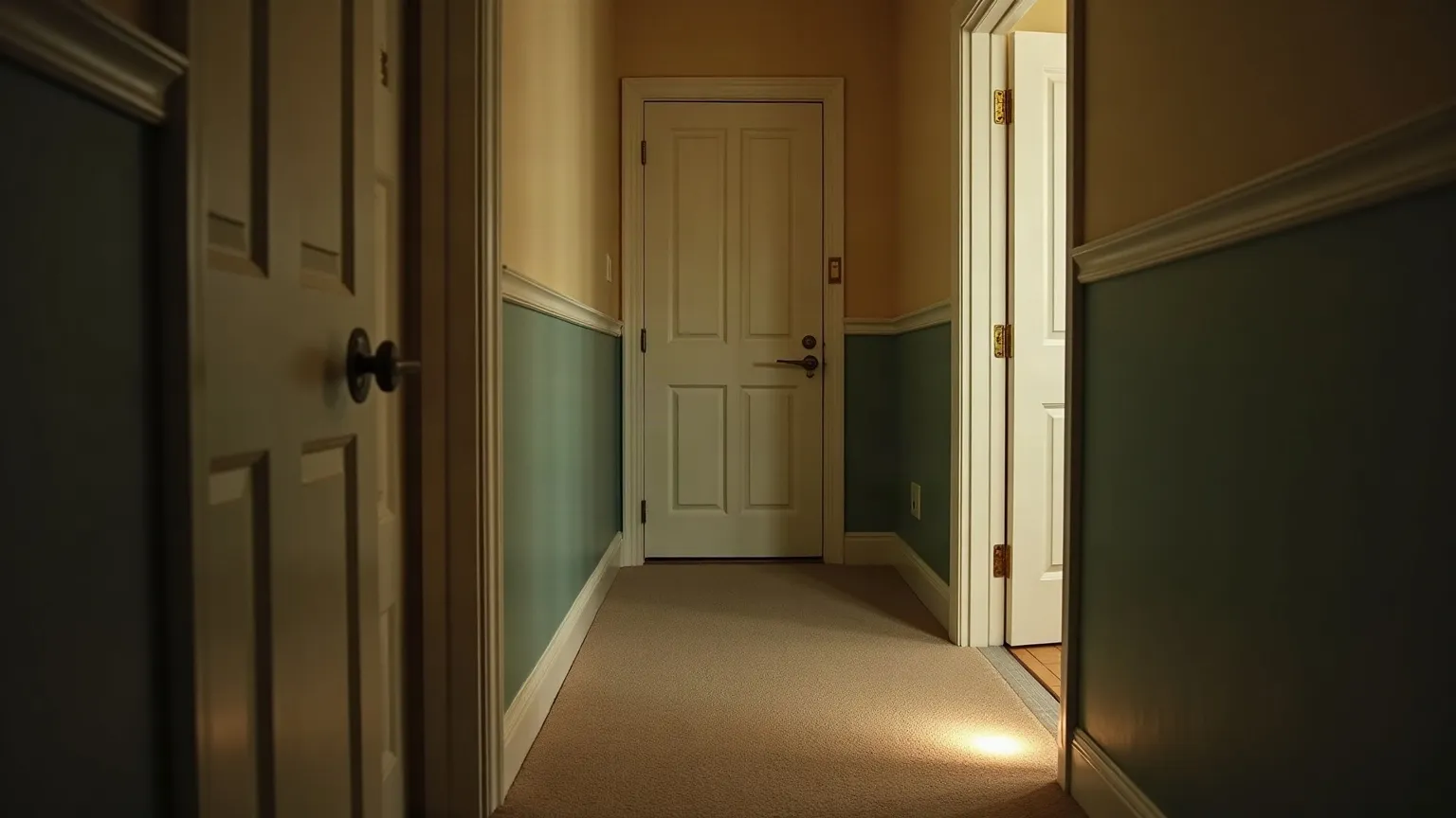 Carpeted hallway at night lit by a low plug-in nightlight near the floor