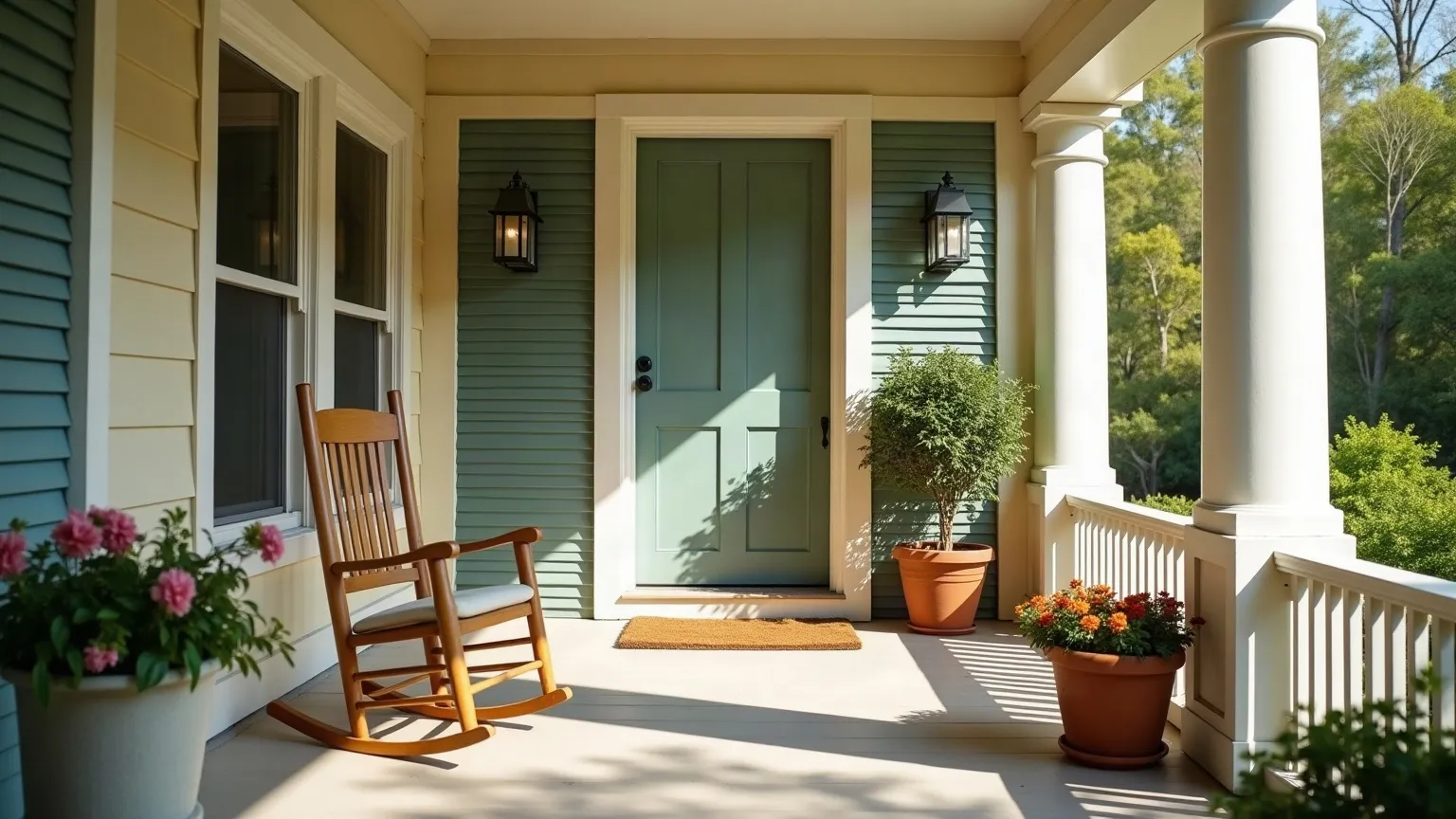 Covered front porch of an American house with a rocking chair and potted flowers