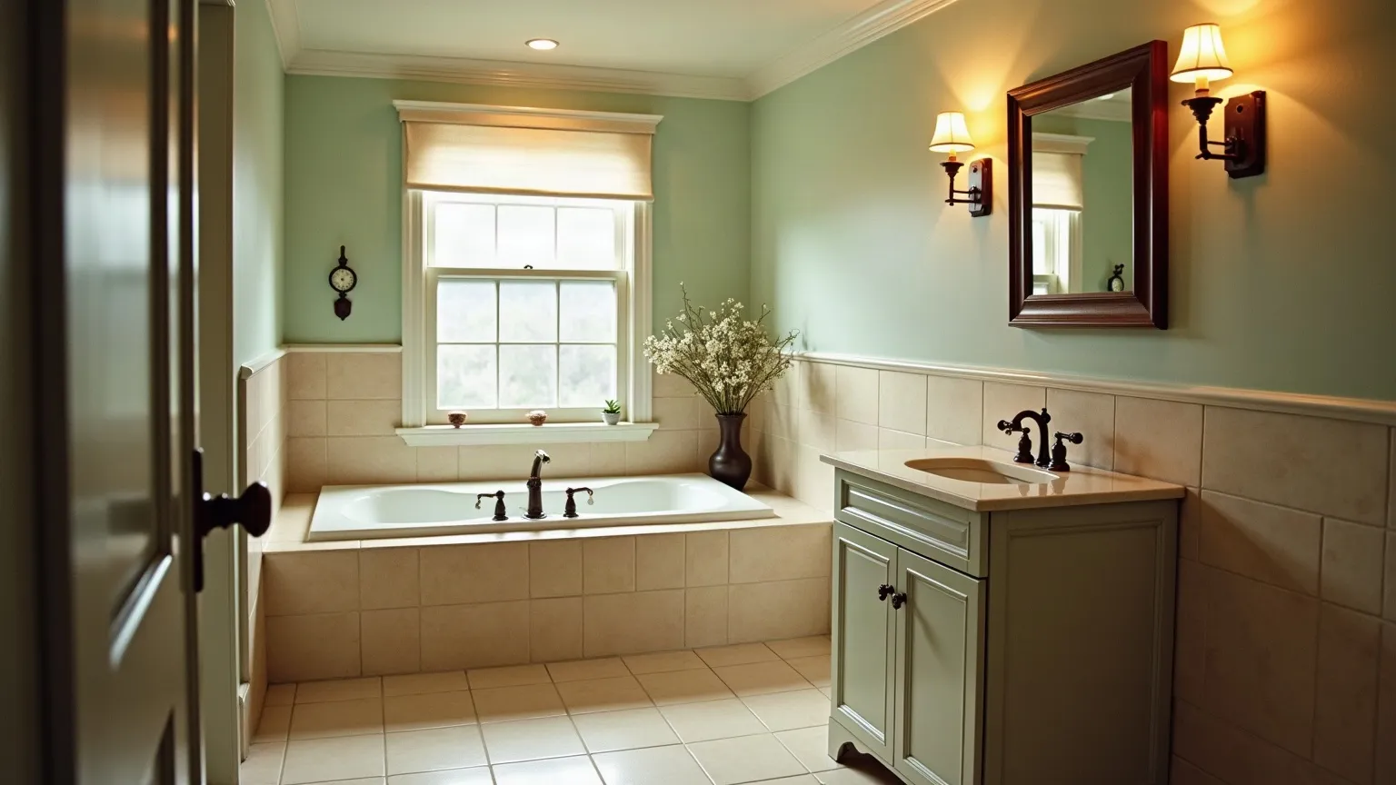 Traditional bathroom with beige tile, framed mirror and a built-in tub