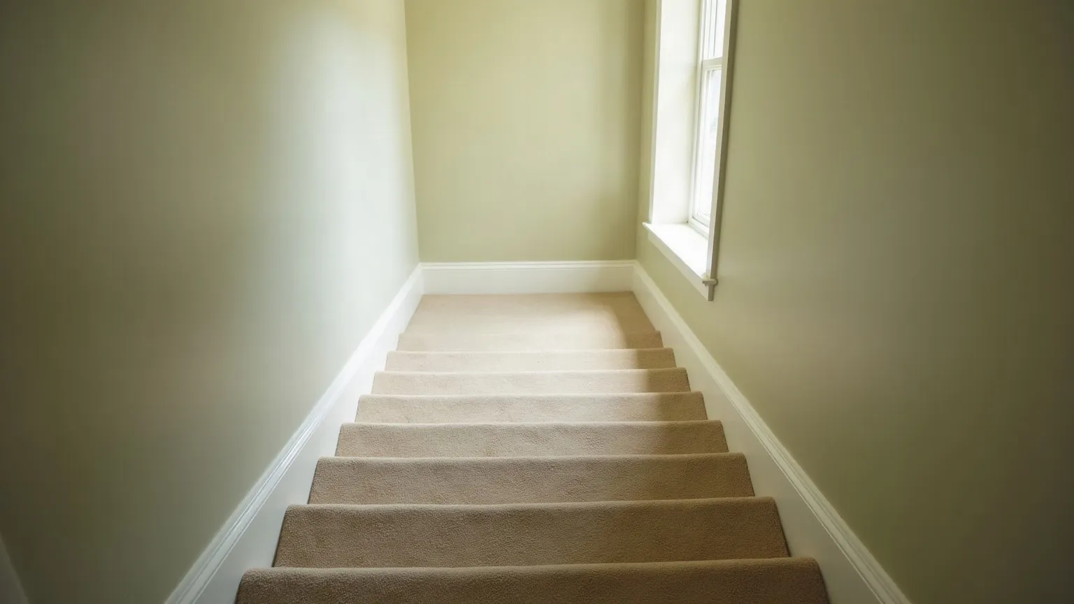Straight carpeted staircase viewed from the hallway below