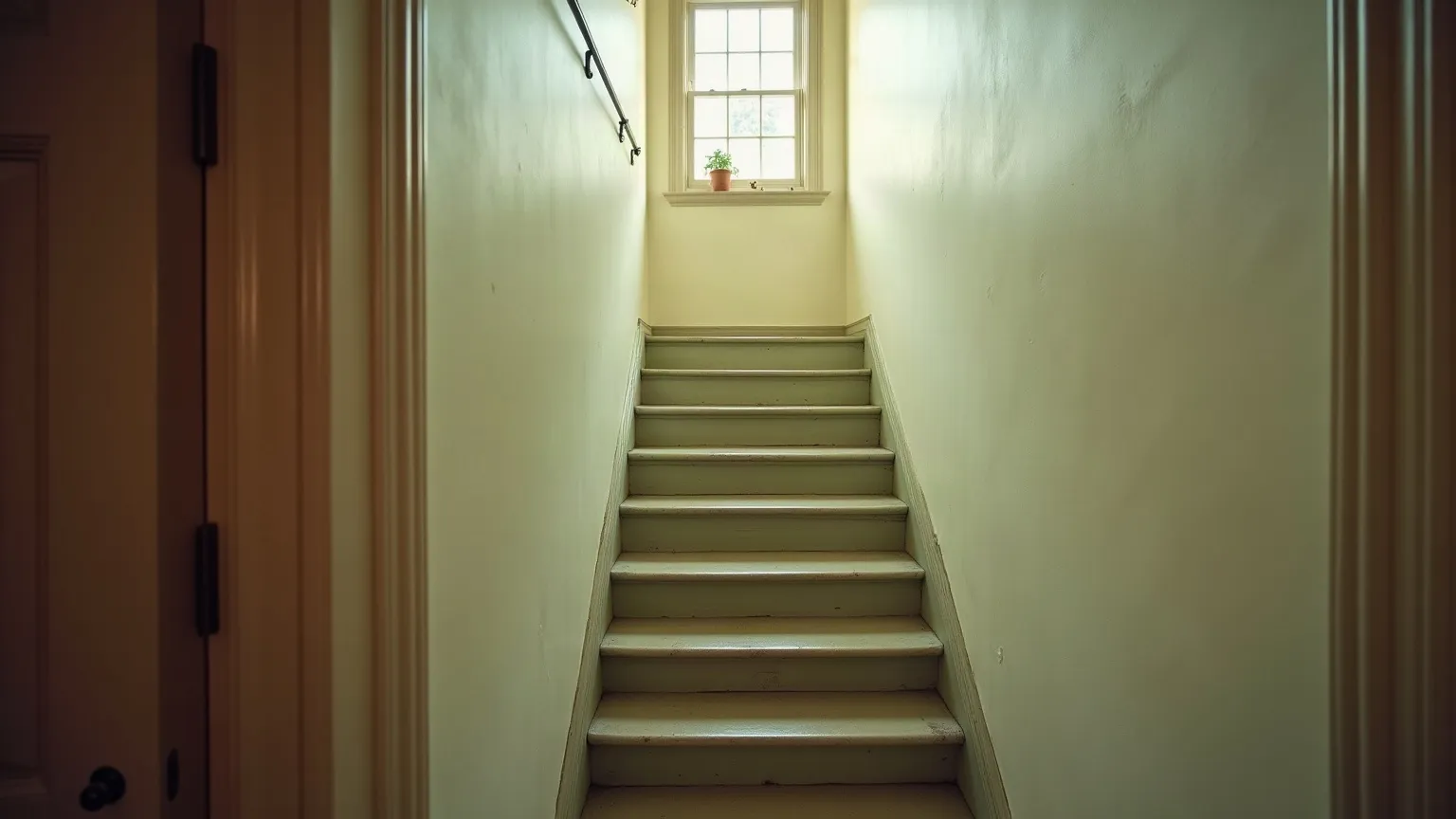 Very narrow, steep staircase with painted walls close on both sides