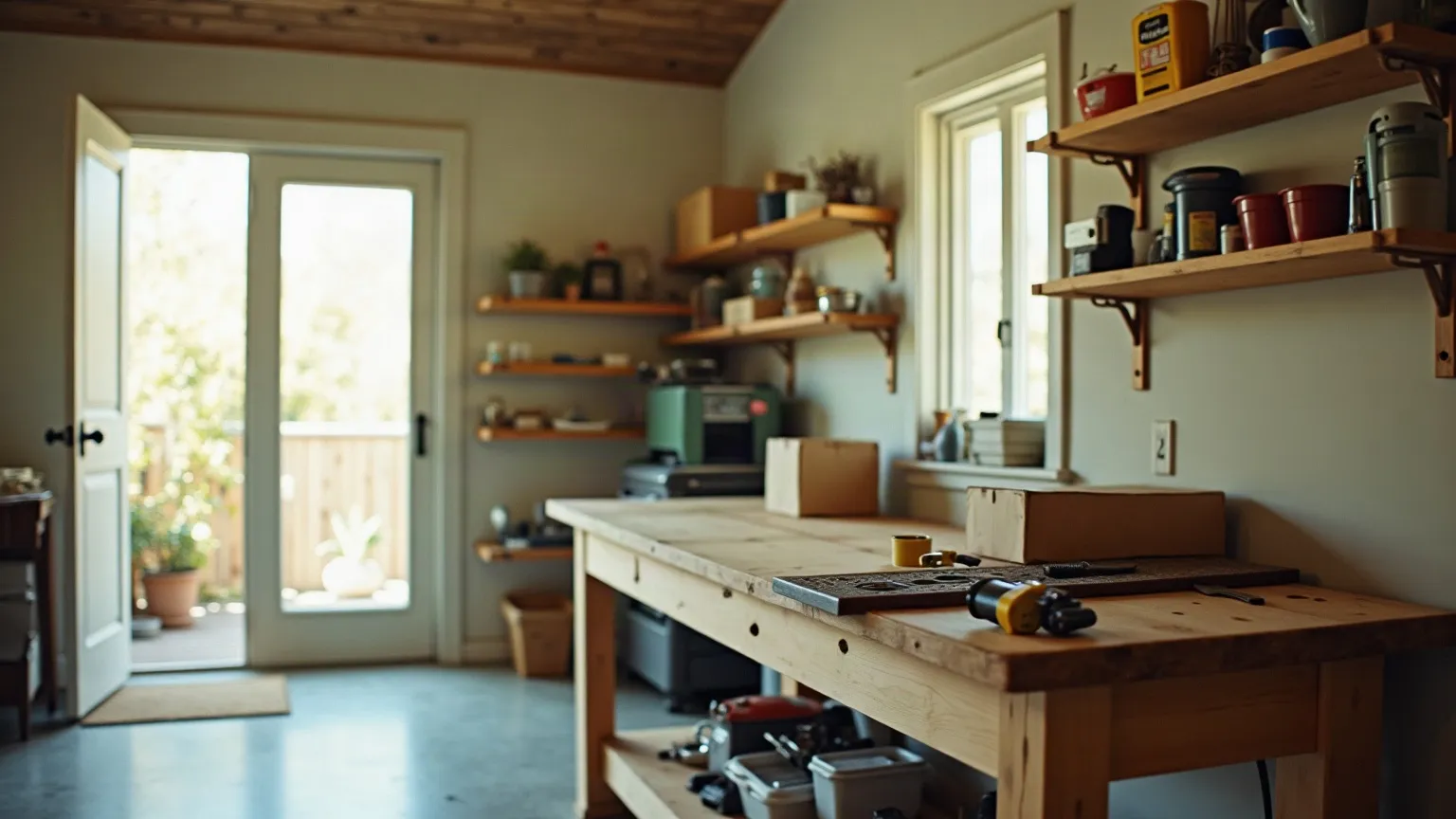 Tidy garage workbench with hand tools, a tape measure and boxes