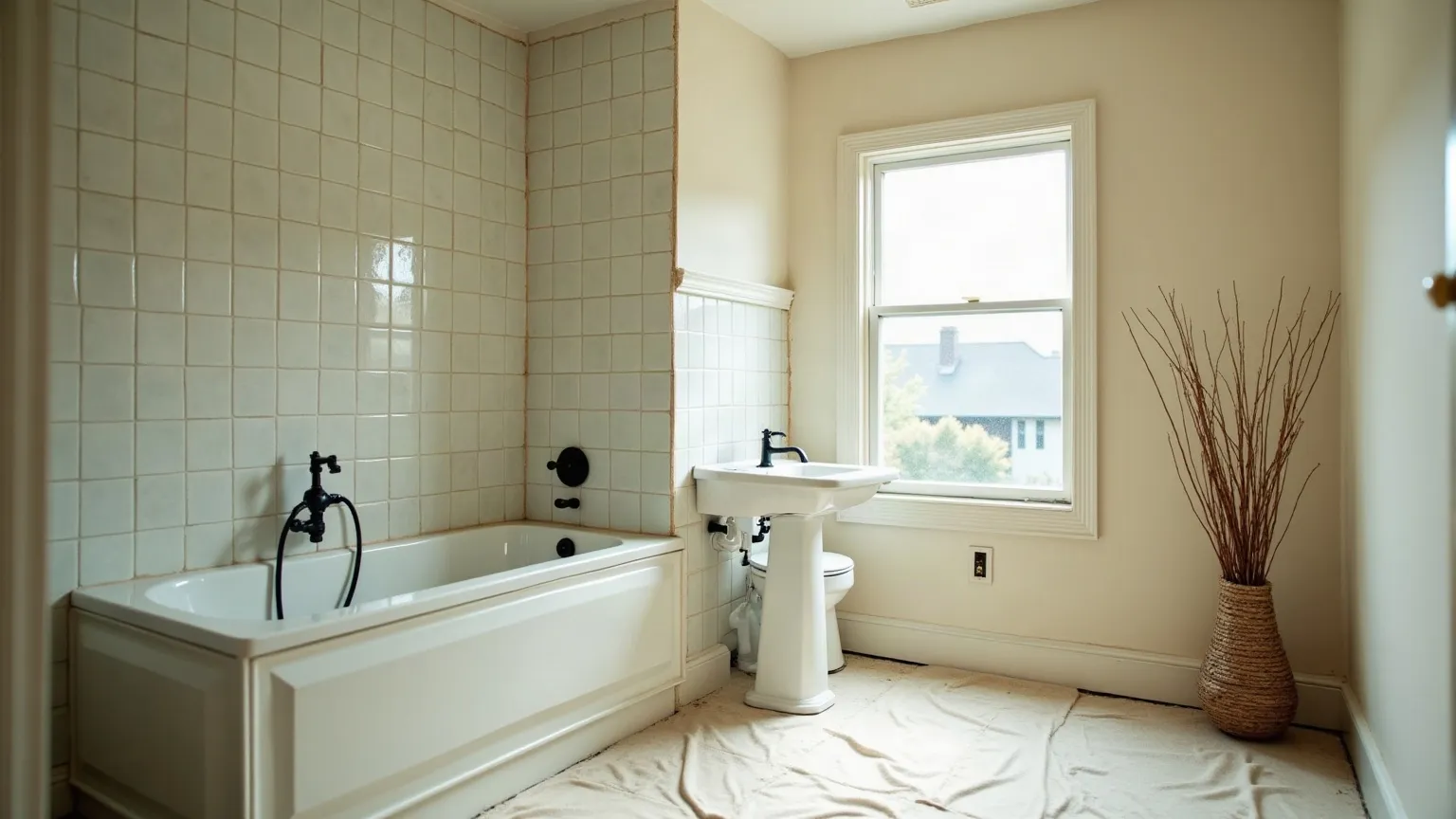 Bathroom part way through renovation with bare tile and new plumbing