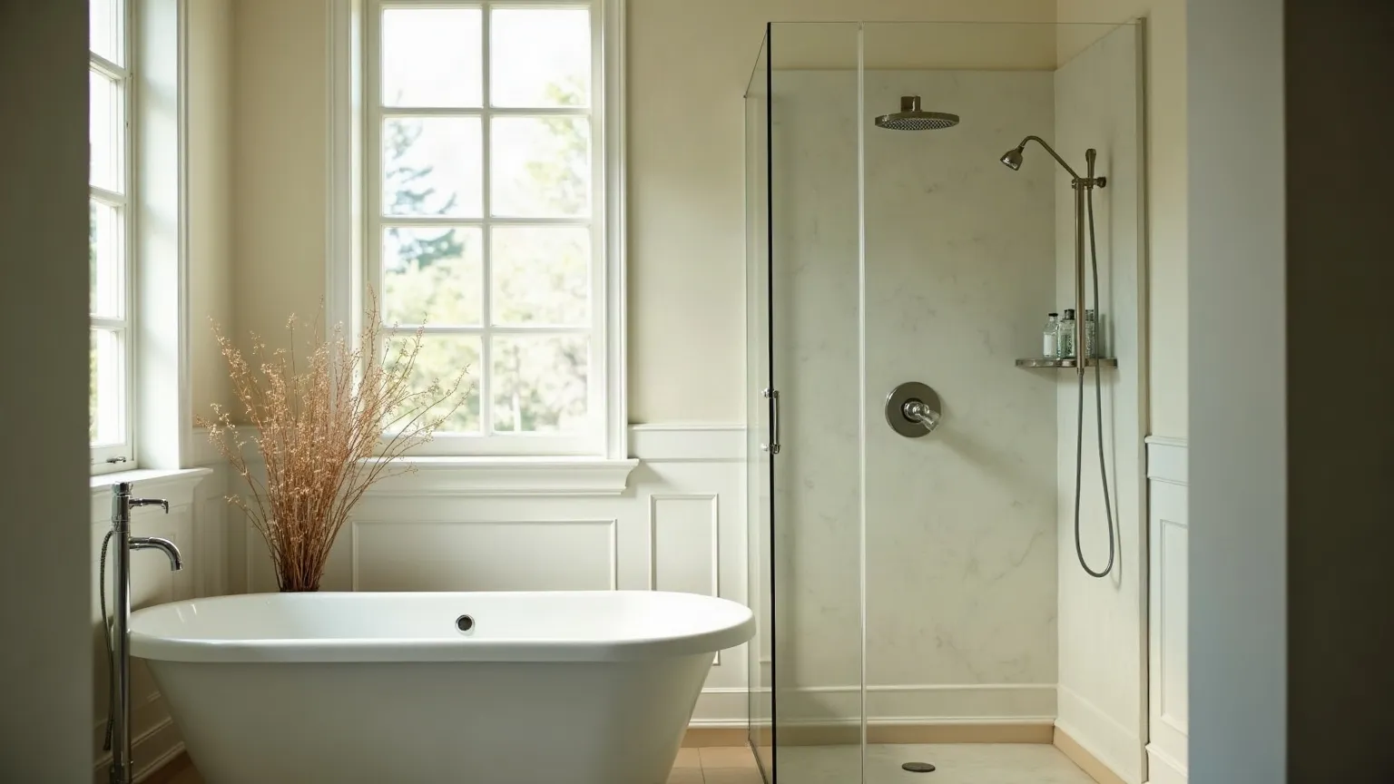 Bathtub under a wall-mounted shower head with a handheld sprayer and glass panel