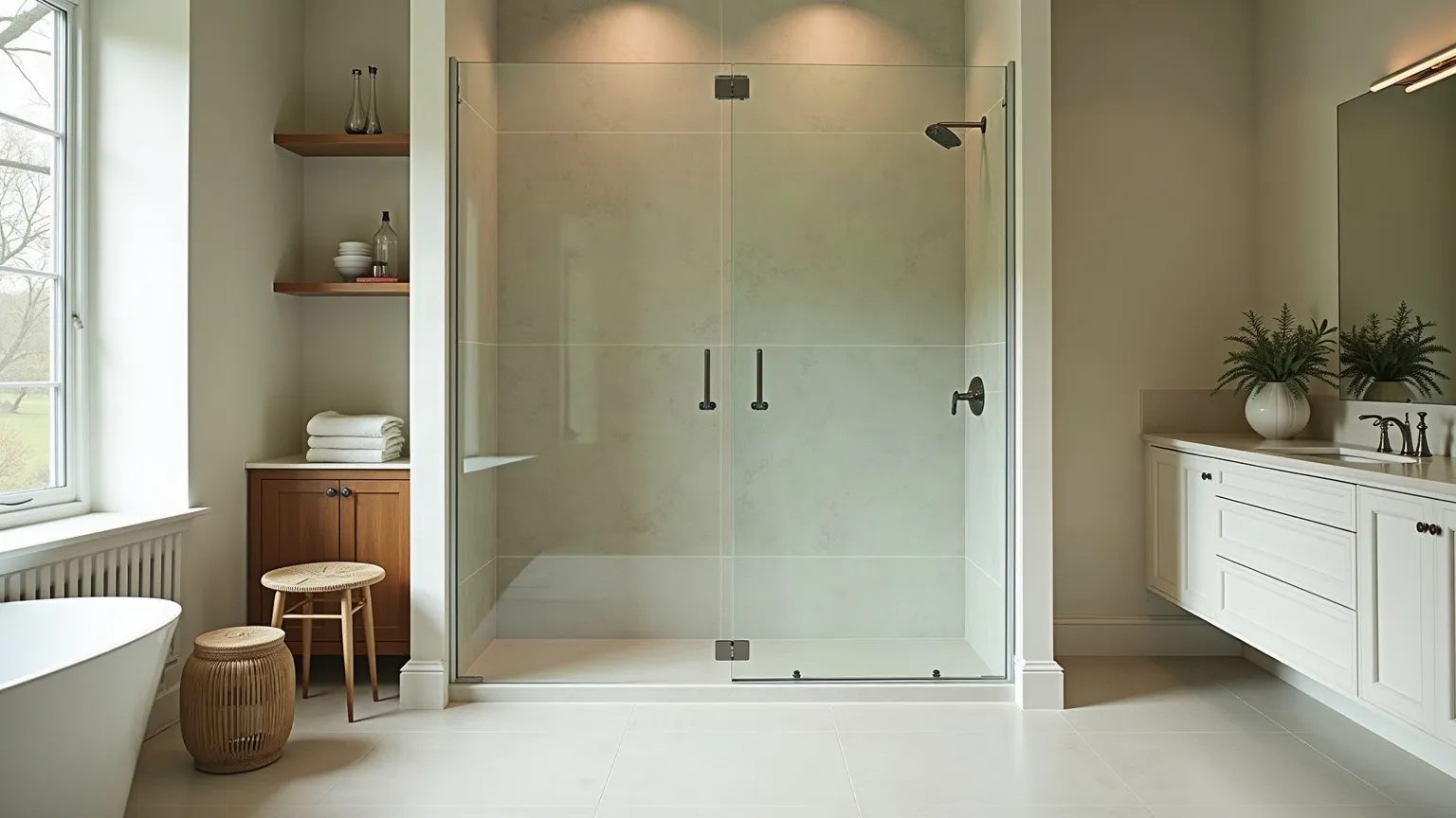 Bathroom with a large curbless walk-in shower behind a clear glass panel