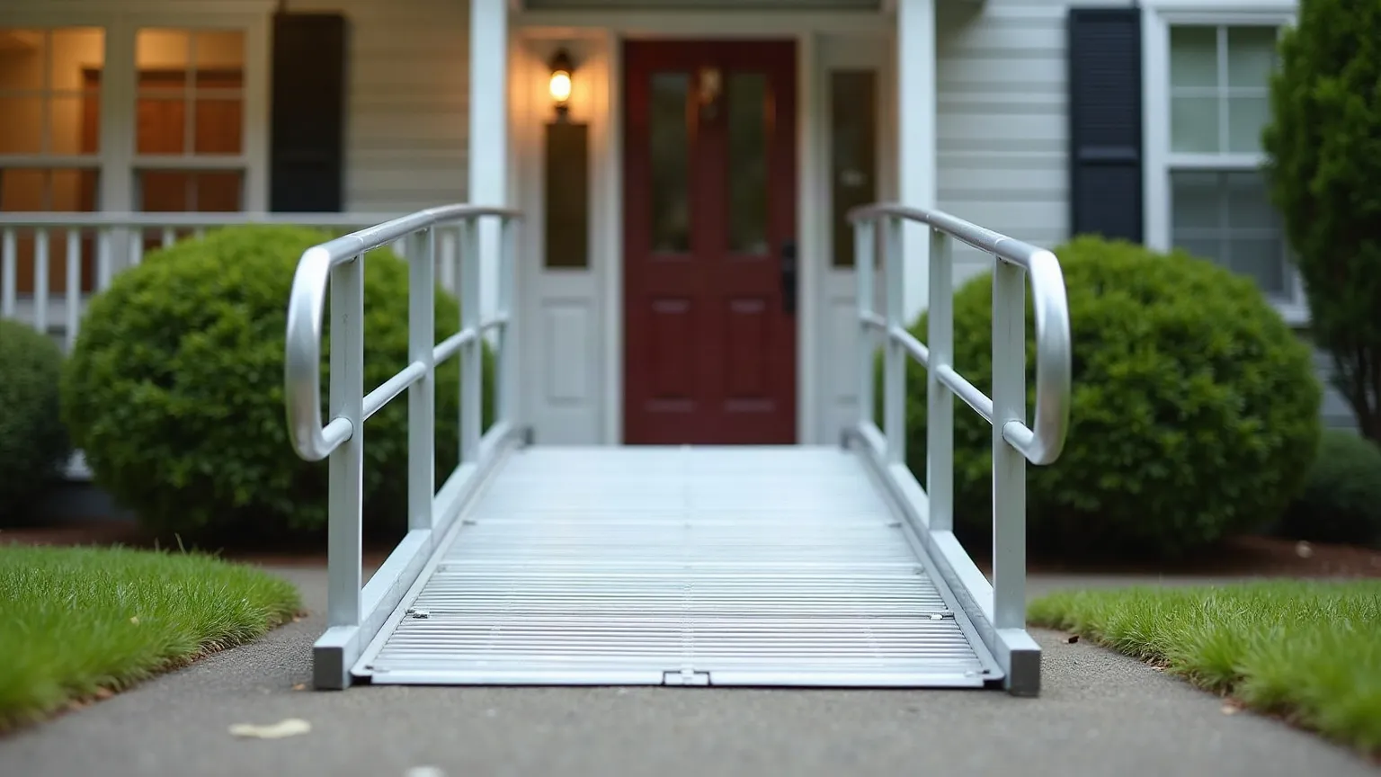 Front entrance of a house with a gentle aluminium ramp and handrails running up to the porch